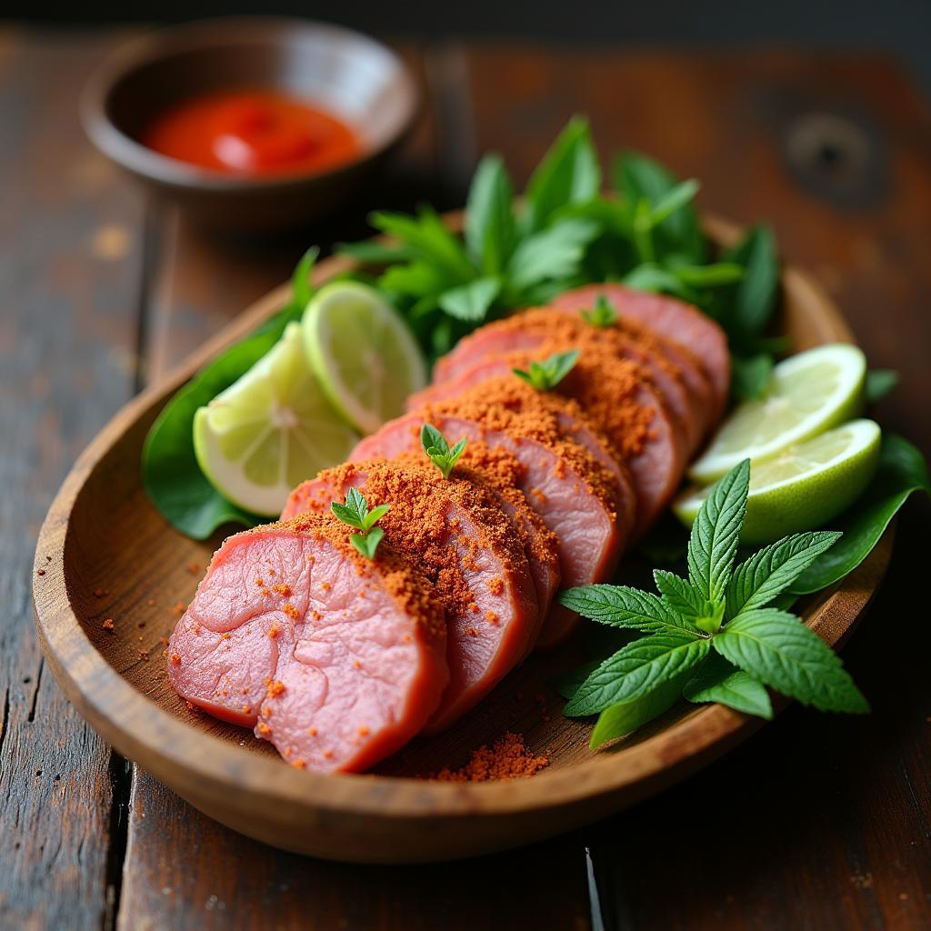 Món đặc sản thịt chua Thanh Sơn nổi tiếng của Phú Thọ được bày trí đẹp mắt.
