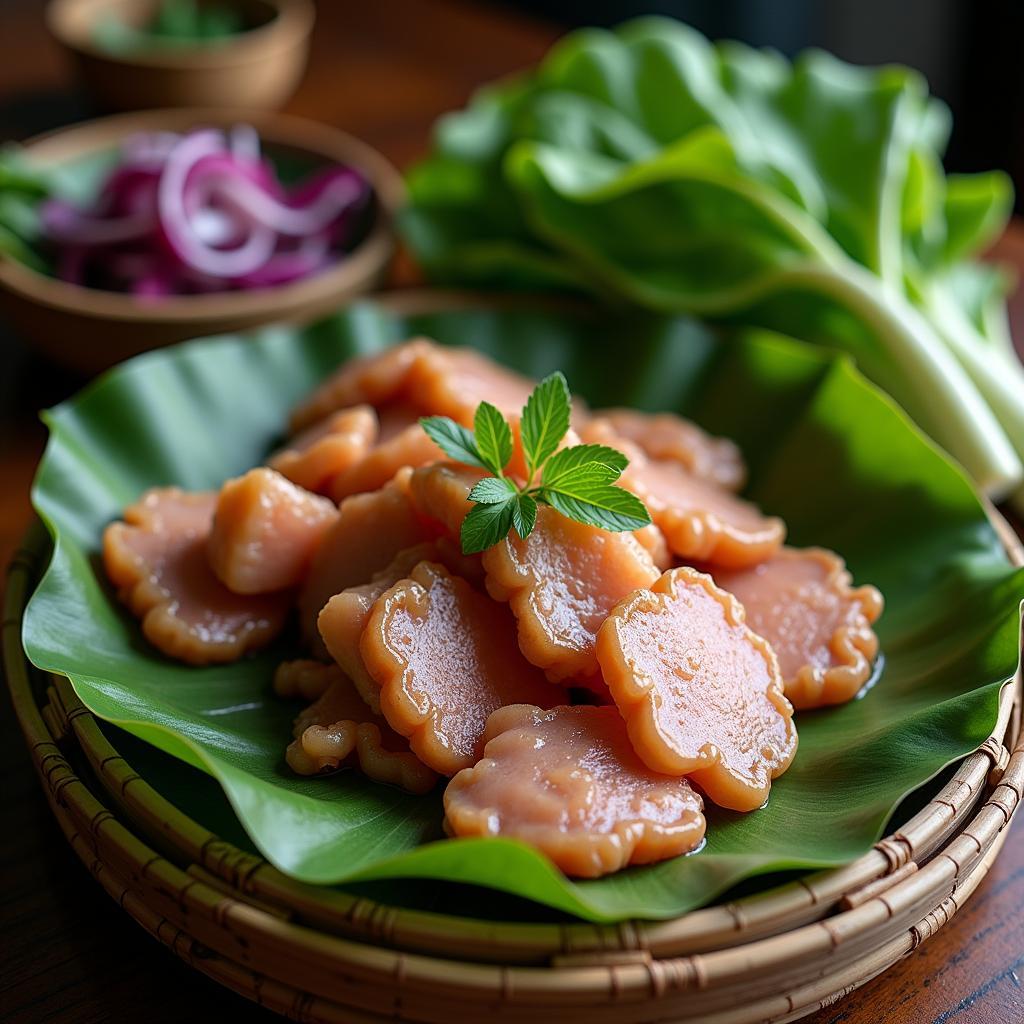 Cận cảnh món đặc sản thịt chua của người Mường ở Võ Miếu, Phú Thọ ăn kèm với các loại lá rừng tươi ngon.