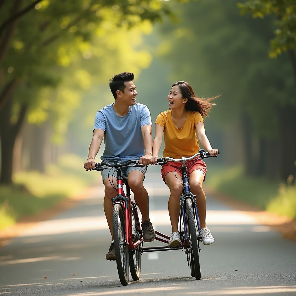 Hình ảnh hai người bạn thân đang vui vẻ đạp xe đôi cùng nhau trên một con đường quê thơ mộng