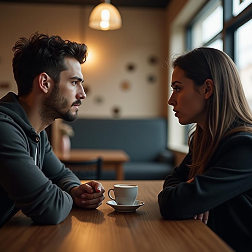 Một người đàn ông và một người phụ nữ đang có cuộc trò chuyện nghiêm túc, thể hiện sự cần thiết phải thiết lập giới hạn tình bạn khác giới.
