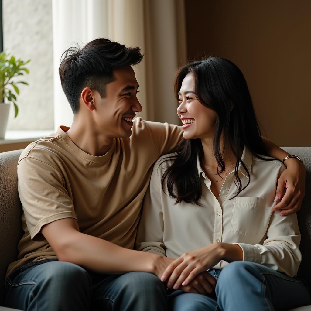 Hình ảnh hai người bạn khác giới ngồi cạnh nhau với những cử chỉ thân mật, thể hiện ranh giới giữa bạn và người yêu đang mờ nhạt.