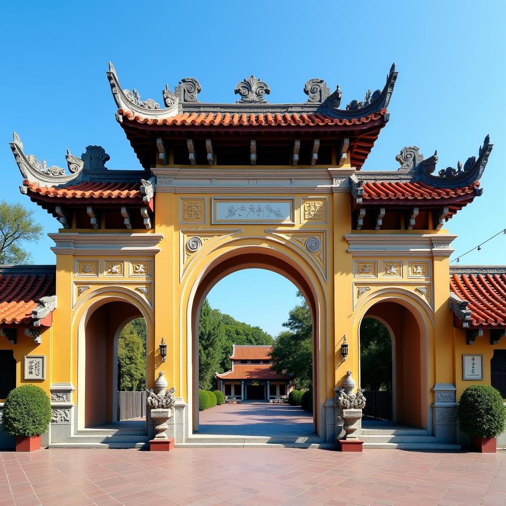 Cổng tam quan uy nghi của đền A Sào ở Ân Thi, tỉnh Hưng Yên, một di tích lịch sử quan trọng mang đậm dấu ấn kiến trúc thời Trần.