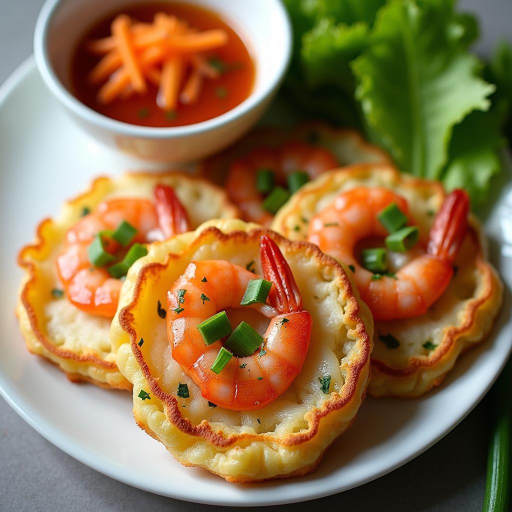 Cận cảnh đĩa bánh khọt Rồng Vàng Thủ Đức vàng ươm, giòn rụm với tôm đất tươi rói.