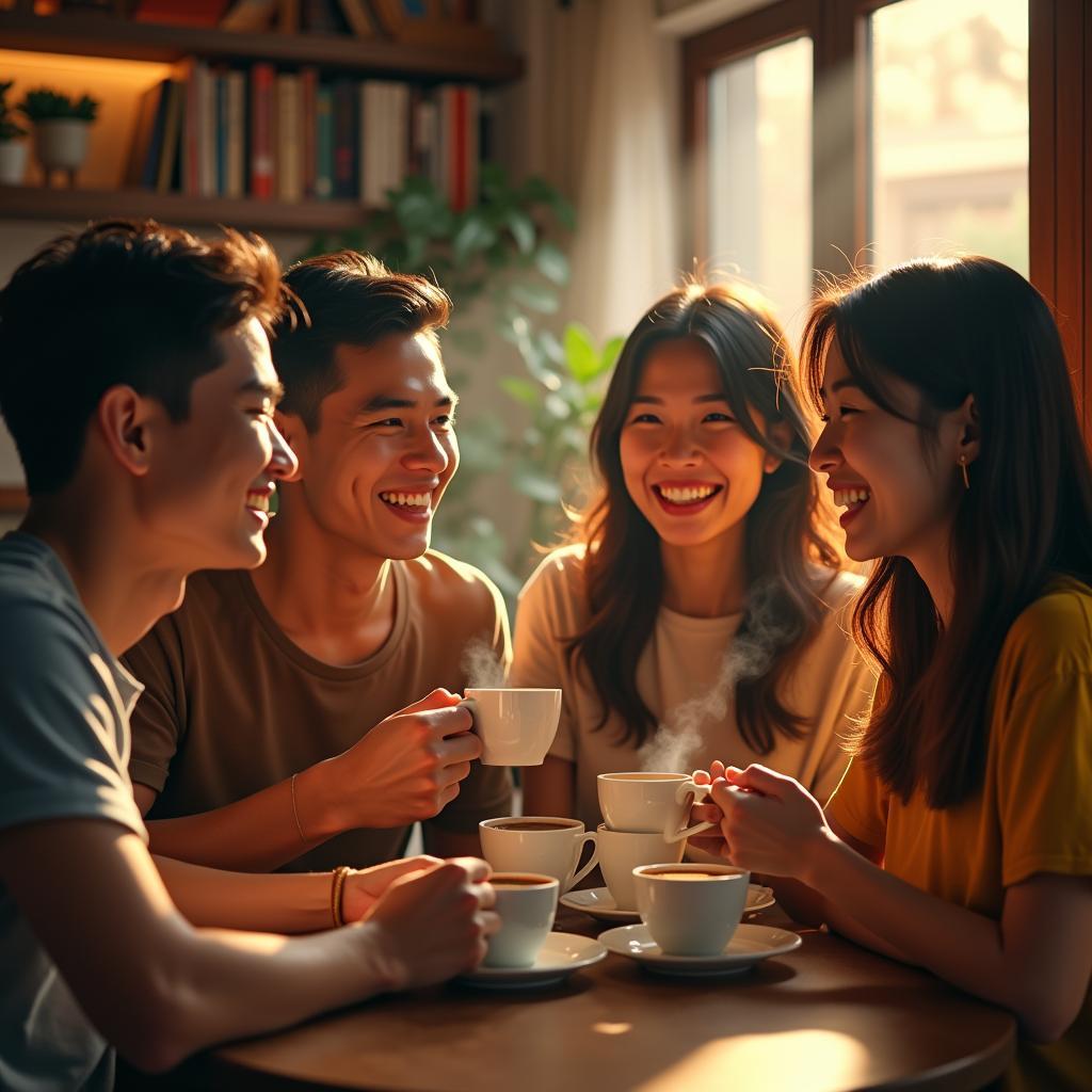 Nhóm bạn thân tụ tập tại một địa điểm tổ chức Friendship Day là quán cà phê ấm cúng, cùng nhau trò chuyện và tận hưởng không khí vui vẻ