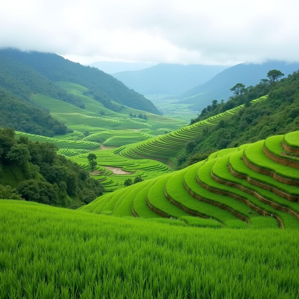 Địa hình đồi núi và ruộng lúa ở xã Xuân Giang Tuyên Quang, thể hiện cảnh quan tự nhiên đặc trưng.