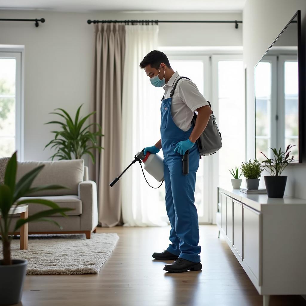Kỹ thuật viên công ty dịch vụ diệt côn trùng chuyên nghiệp đang phun thuốc tồn lưu an toàn tại nhà khách hàng.