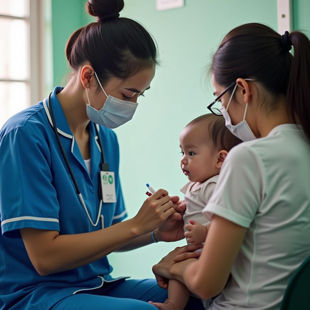 Một y tá đang thực hiện tiêm chủng mở rộng cho em bé tại Trạm y tế phường Vĩnh Phước, Nha Trang