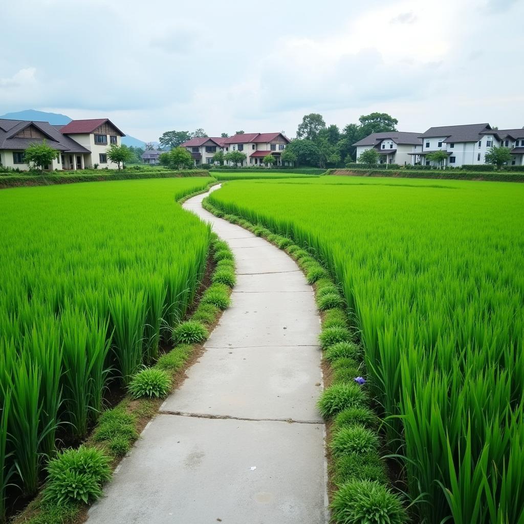 Con đường bê tông mới trải dài qua cánh đồng lúa xanh tại xã Trung Kênh, Bắc Ninh, thể hiện sự phát triển của chương trình nông thôn mới