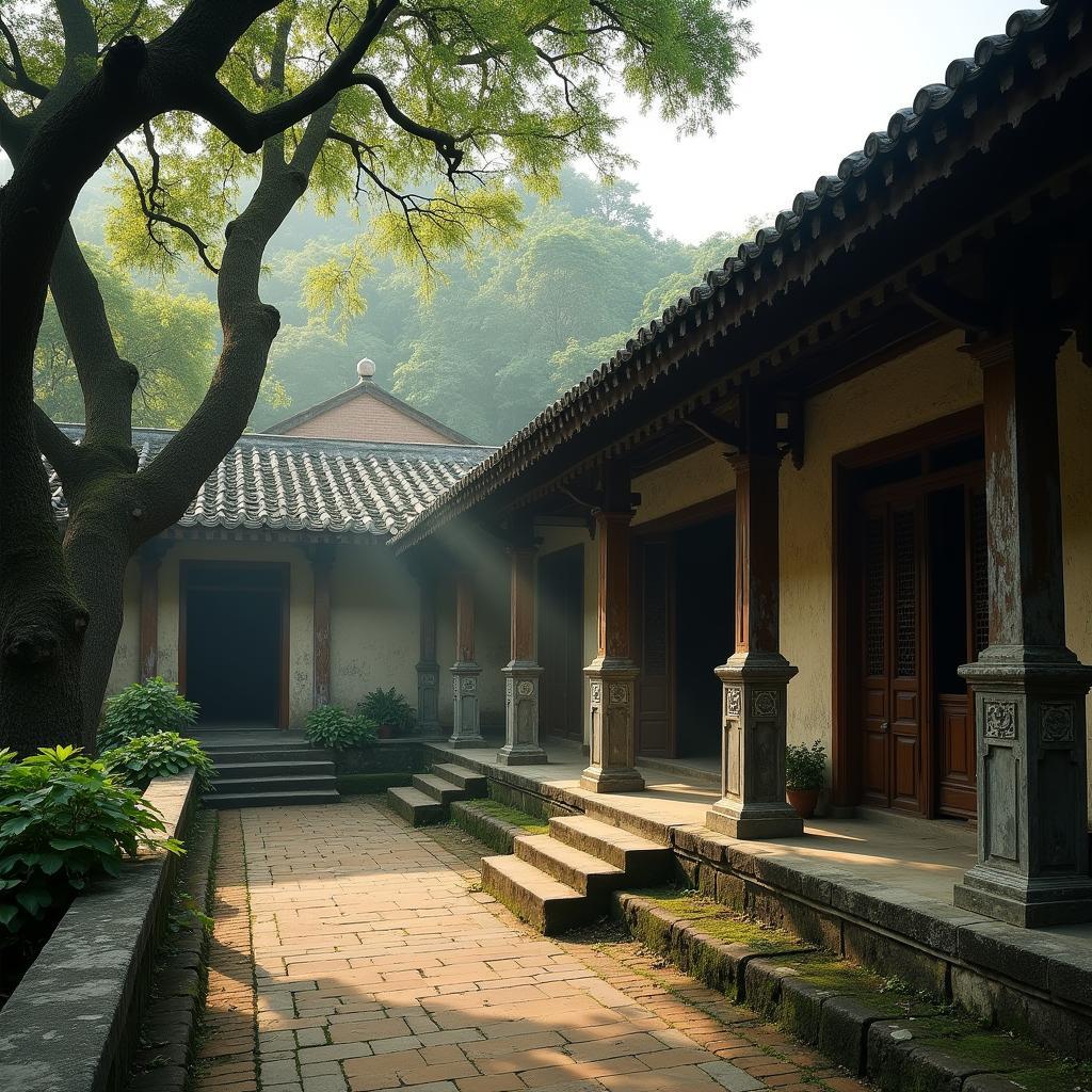Hình ảnh ngôi đình làng cổ kính với kiến trúc truyền thống đặc trưng tại Xã Tân Sơn, Bắc Ninh, một di tích lịch sử giá trị.