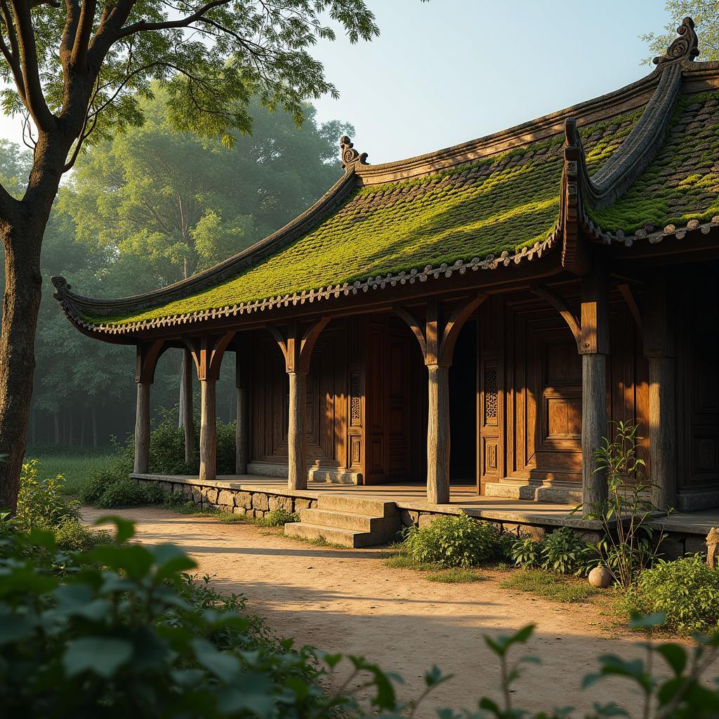 Hình ảnh mái đình làng cổ kính rêu phong tại xã Trần Lãm, tỉnh Hưng Yên, thể hiện nét đẹp kiến trúc truyền thống.