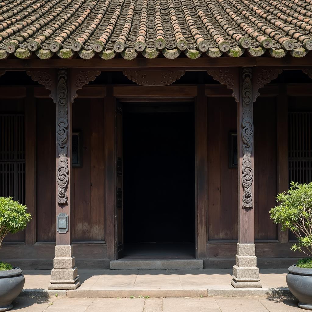 Kiến trúc cổ kính của đình làng tại Xã Trung Chính với mái ngói cong và các chi tiết chạm khắc gỗ tinh xảo.