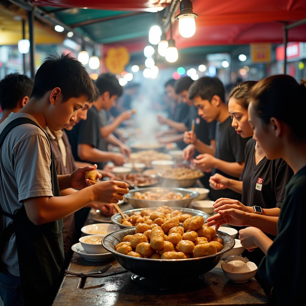 Khung cảnh các gian hàng đồ ăn vặt đường phố tấp nập tại Chợ Láng Thượng, Hà Nội.