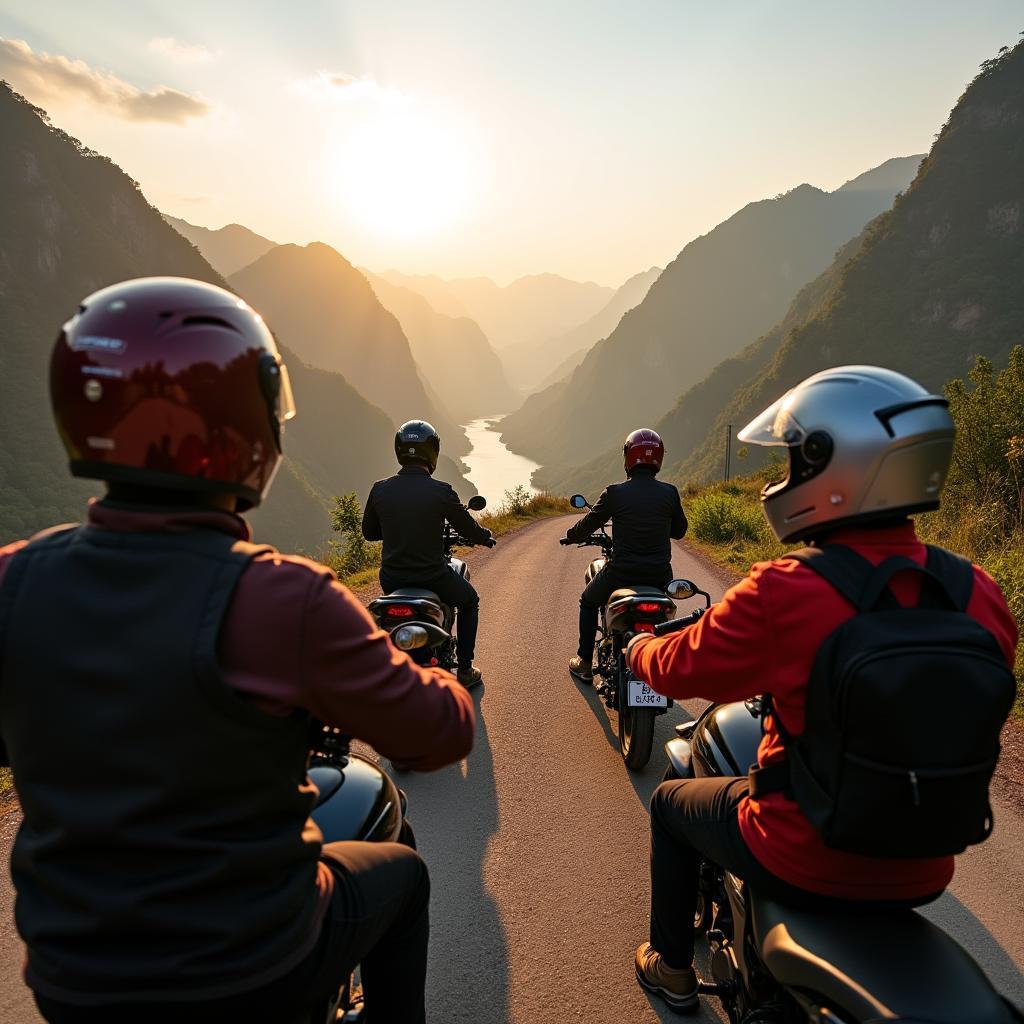 Đoàn bạn trẻ đang đi phượt xe máy trên cung đường đèo Mã Pí Lèng hùng vĩ ở Hà Giang, thể hiện tinh thần khám phá và tình bạn gắn kết
