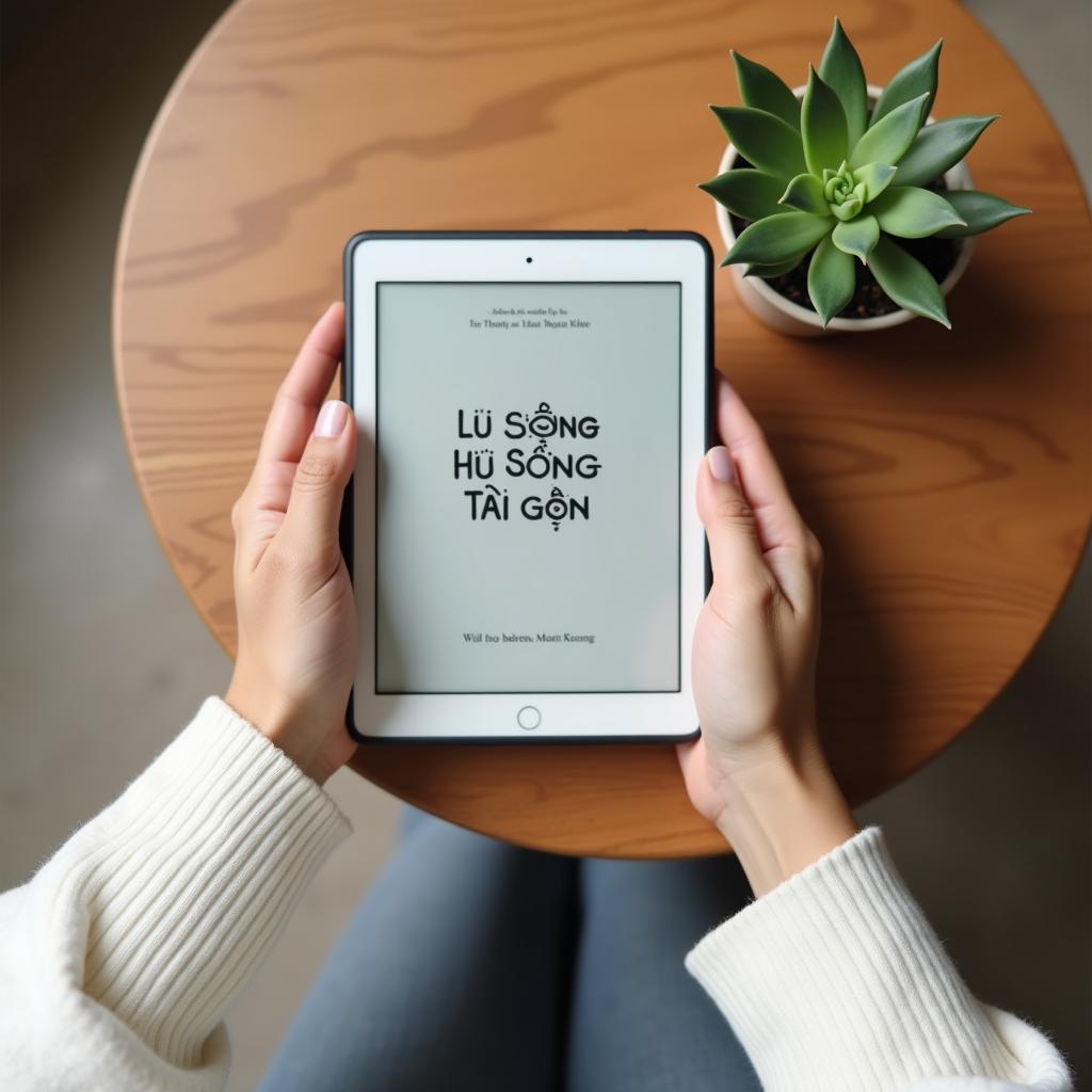 Người phụ nữ đang đọc lối sống tối giản ebook trên một thiết bị nhỏ gọn trong không gian sống ngăn nắp, tinh gọn.