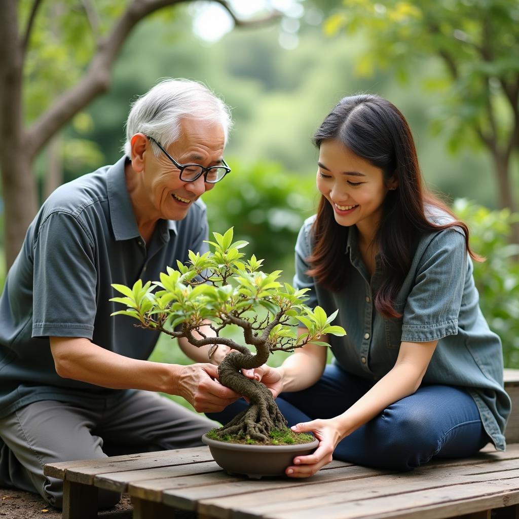 Hoạt động gắn kết tình bạn khác thế hệ, cùng nhau chăm sóc cây cối và chia sẻ kinh nghiệm sống
