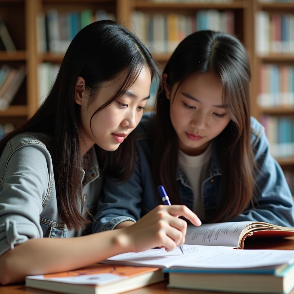 Đôi bạn thân cùng nhau học bài ôn thi trong thư viện, thể hiện sức mạnh của đồng minh học tập.
