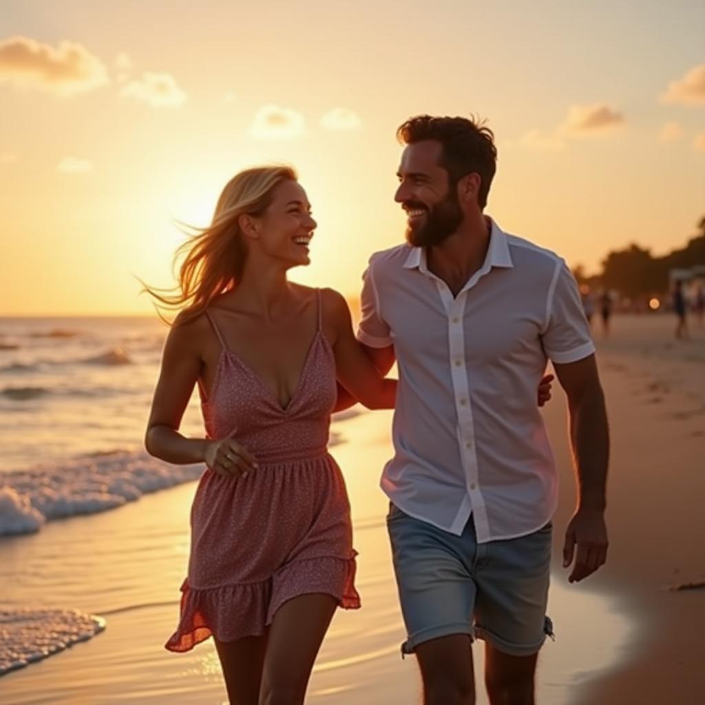 Đôi bạn thân, một nam một nữ, đang đi dạo và cười đùa vui vẻ trên bãi biển vào lúc hoàng hôn, thể hiện một tình bạn chân thành và không khoảng cách