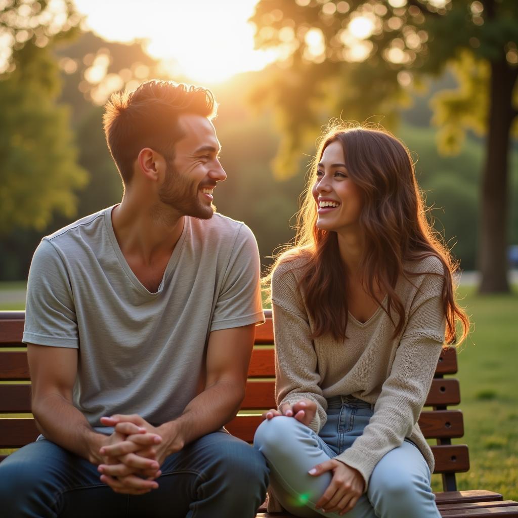 Một đôi bạn thân khác giới đang ngồi trên ghế đá công viên trò chuyện vui vẻ dưới ánh nắng chiều, thể hiện sự thoải mái và gắn kết