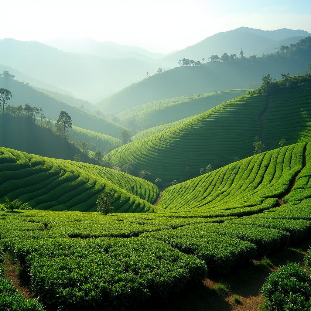 Toàn cảnh đồi chè xanh mướt trải dài uốn lượn tại Xã Hợp Thành, Phú Lương vào buổi sáng sớm
