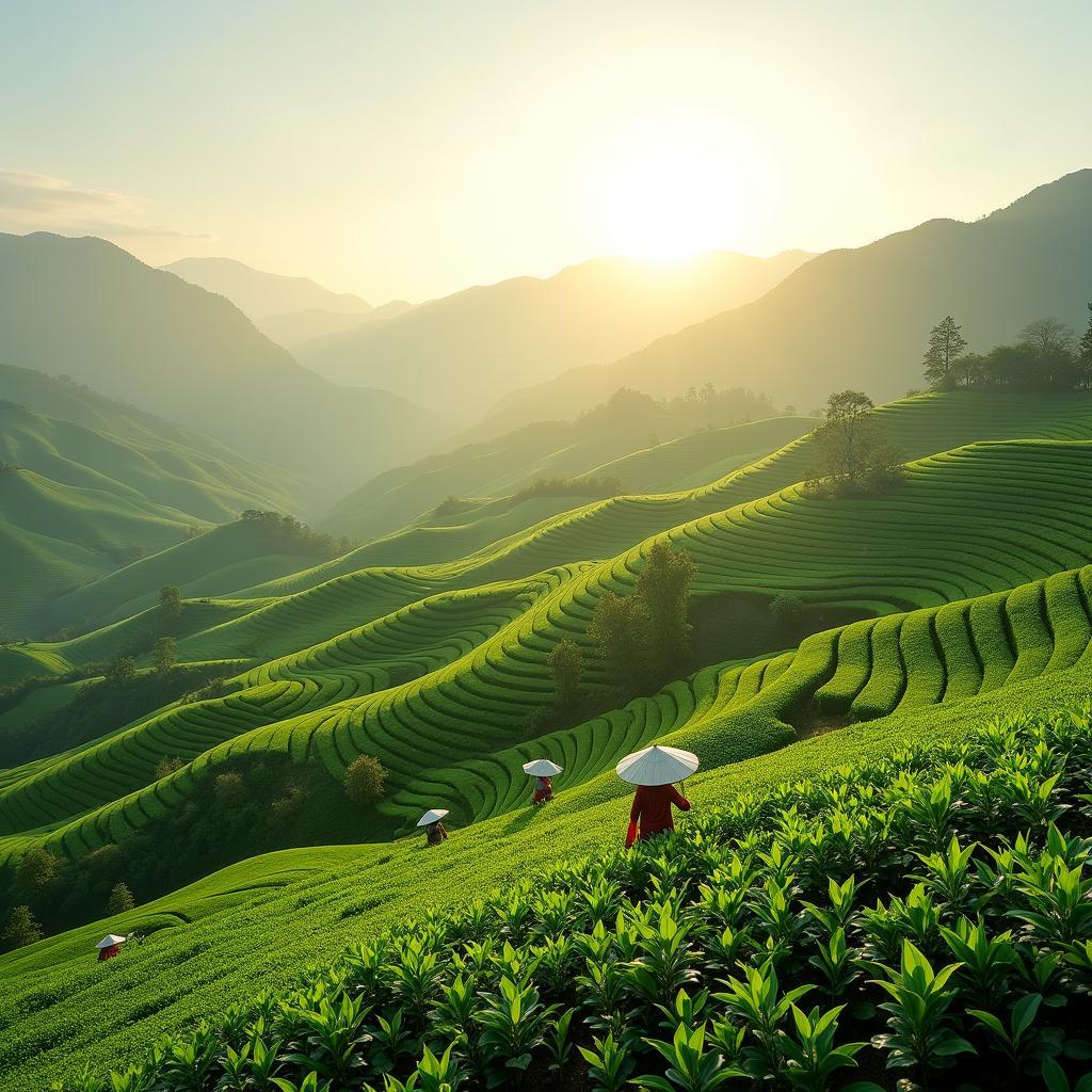 Toàn cảnh đồi chè Đại Từ, Thái Nguyên xanh mướt trải dài dưới ánh nắng ban mai