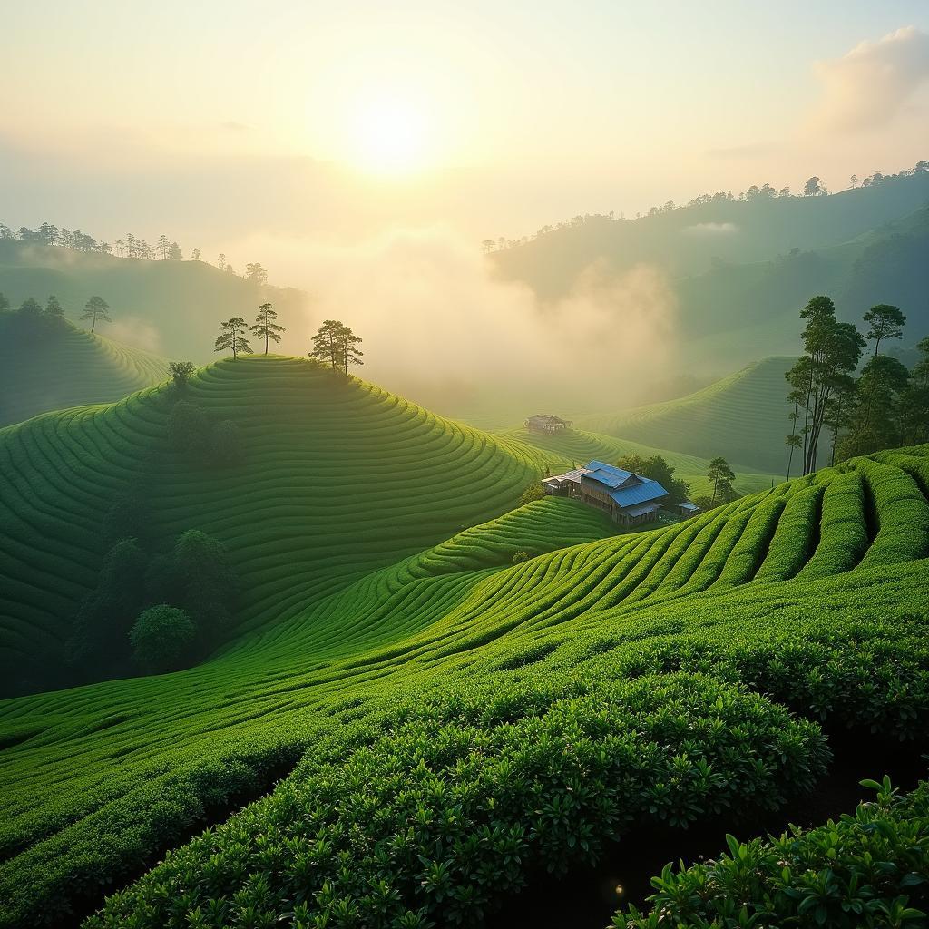Toàn cảnh đồi chè Vô Tranh, Thái Nguyên bạt ngàn xanh mướt trong sương sớm