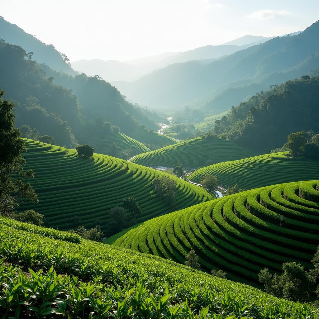 Ruộng bậc thang và đồi chè xanh mướt tại Xã Hồng Quang, Tỉnh Tuyên Quang vào buổi sáng sớm