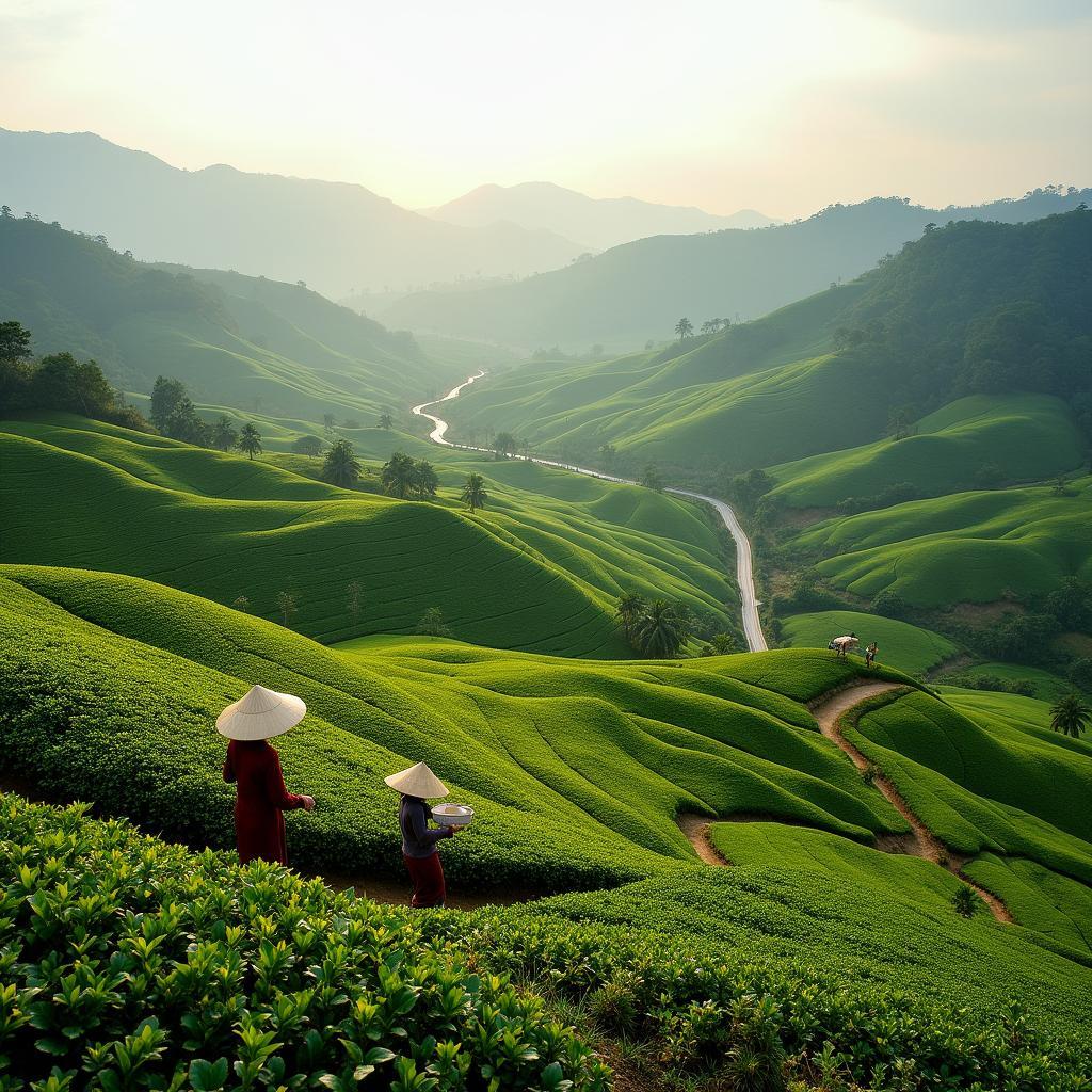 Toàn cảnh đồi chè xanh mướt trải dài vô tận tại xã Võ Miếu, huyện Thanh Sơn, tỉnh Phú Thọ.