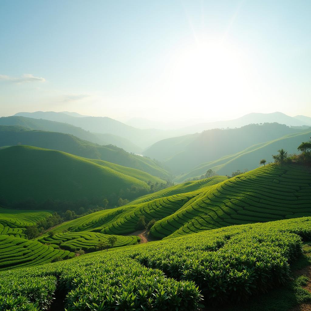 Phong cảnh đồi chè xanh mướt trải dài tại xã Cao Dương, huyện Thanh Ba, tỉnh Phú Thọ vào một buổi sáng đẹp trời