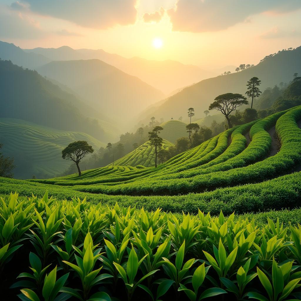 Cảnh quan đồi chè xanh mướt và trù phú tại xã Yên Sơn, tỉnh Phú Thọ dưới ánh nắng ban mai.