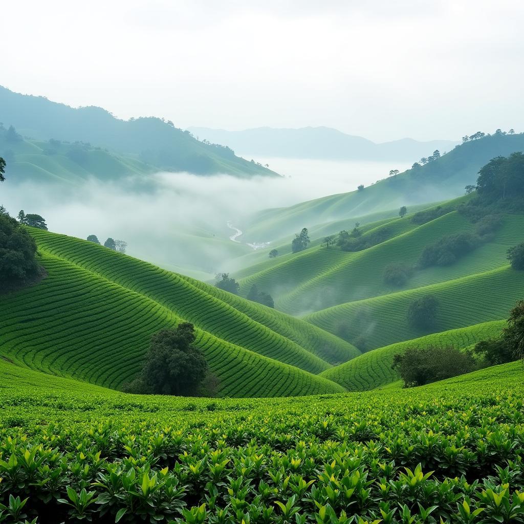 Khung cảnh đồi chè xanh bạt ngàn tại xã Yên Lãng, tỉnh Phú Thọ vào buổi sớm mai
