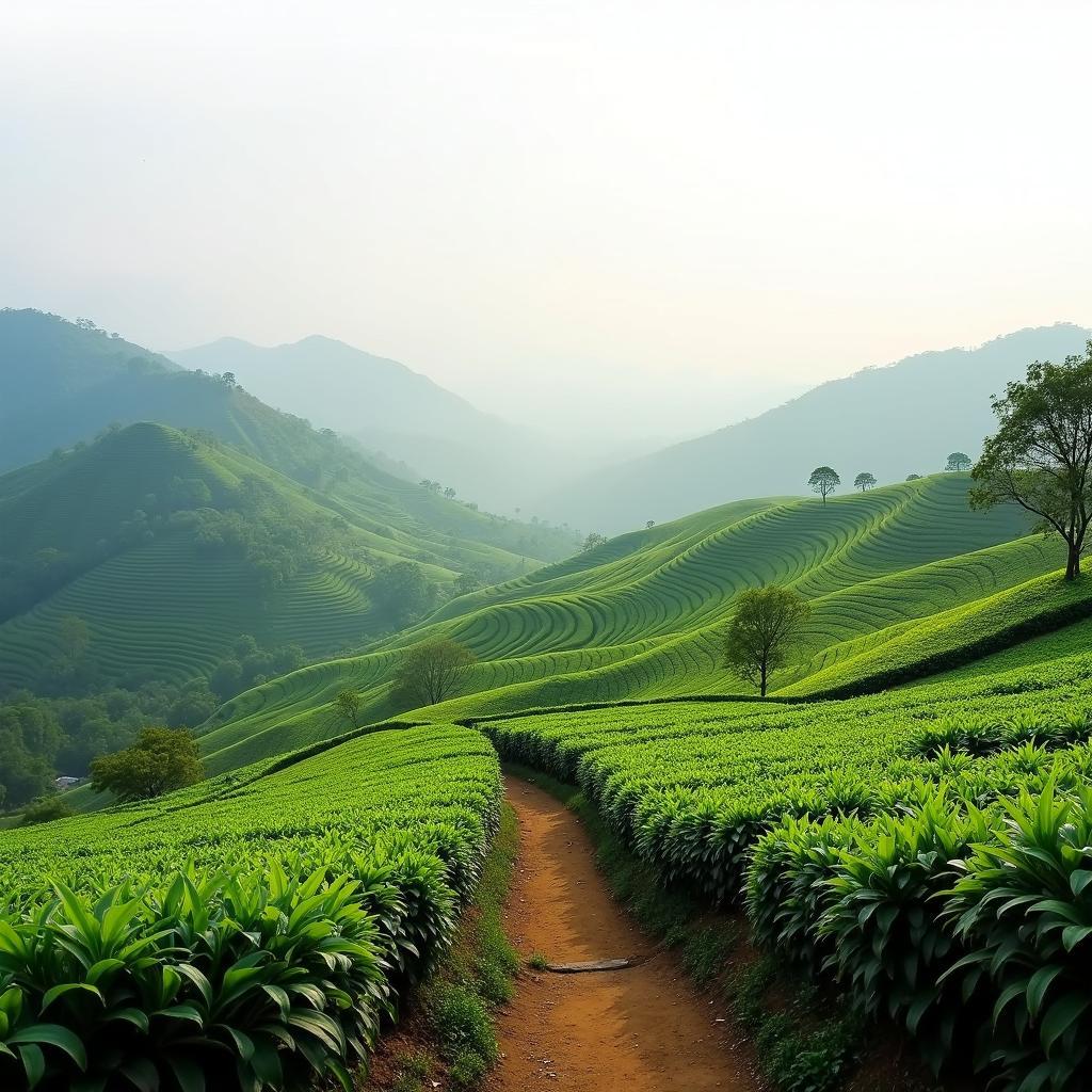 Toàn cảnh đồi chè xanh bạt ngàn tại xã Trung Sơn, Phú Thọ vào buổi sớm mai trong lành