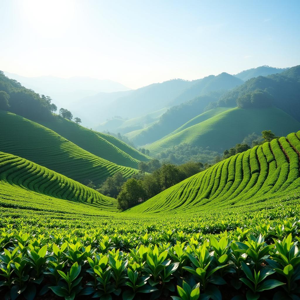 Những đồi chè xanh mướt tại vùng núi Tuyên Quang gần Xã Nhân Mục