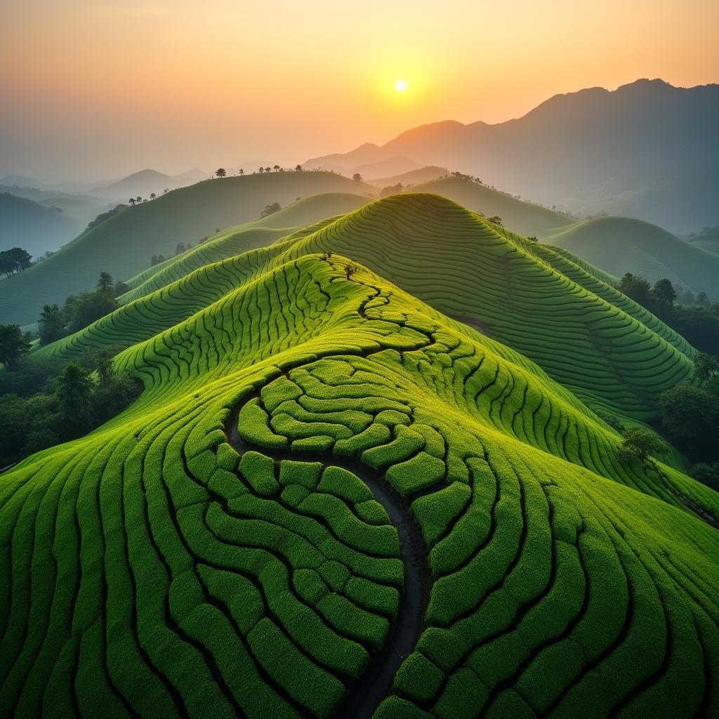 Đồi chè xanh mướt tại vùng quê Tuyên Quang vào buổi chiều