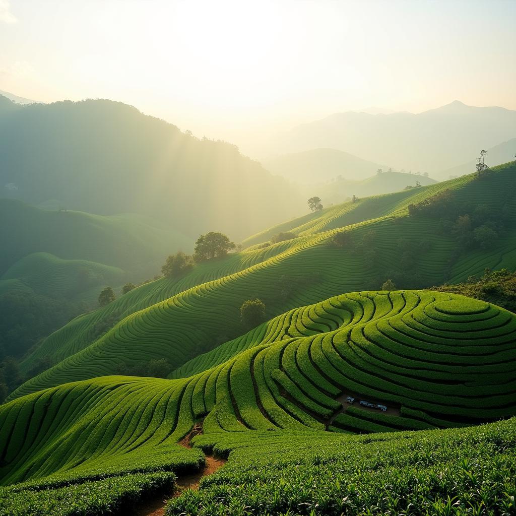 Toàn cảnh đồi chè xanh mướt bất tận uốn lượn tuyệt đẹp tại xã Cao Minh, tỉnh Thái Nguyên.