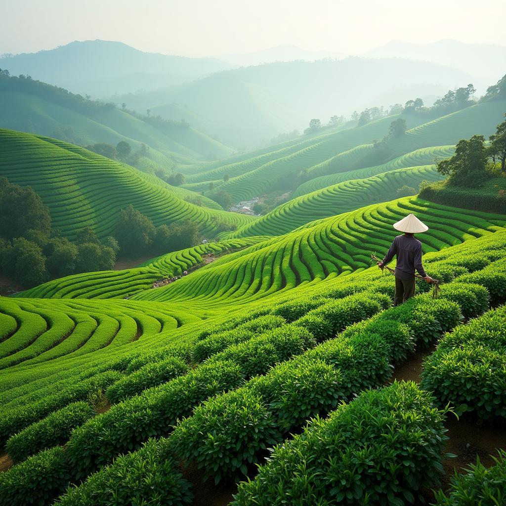 Toàn cảnh đồi chè xanh mướt bát úp tại xã Hoàng Cương, huyện Thanh Ba, Phú Thọ, biểu tượng của vùng đất trung du.