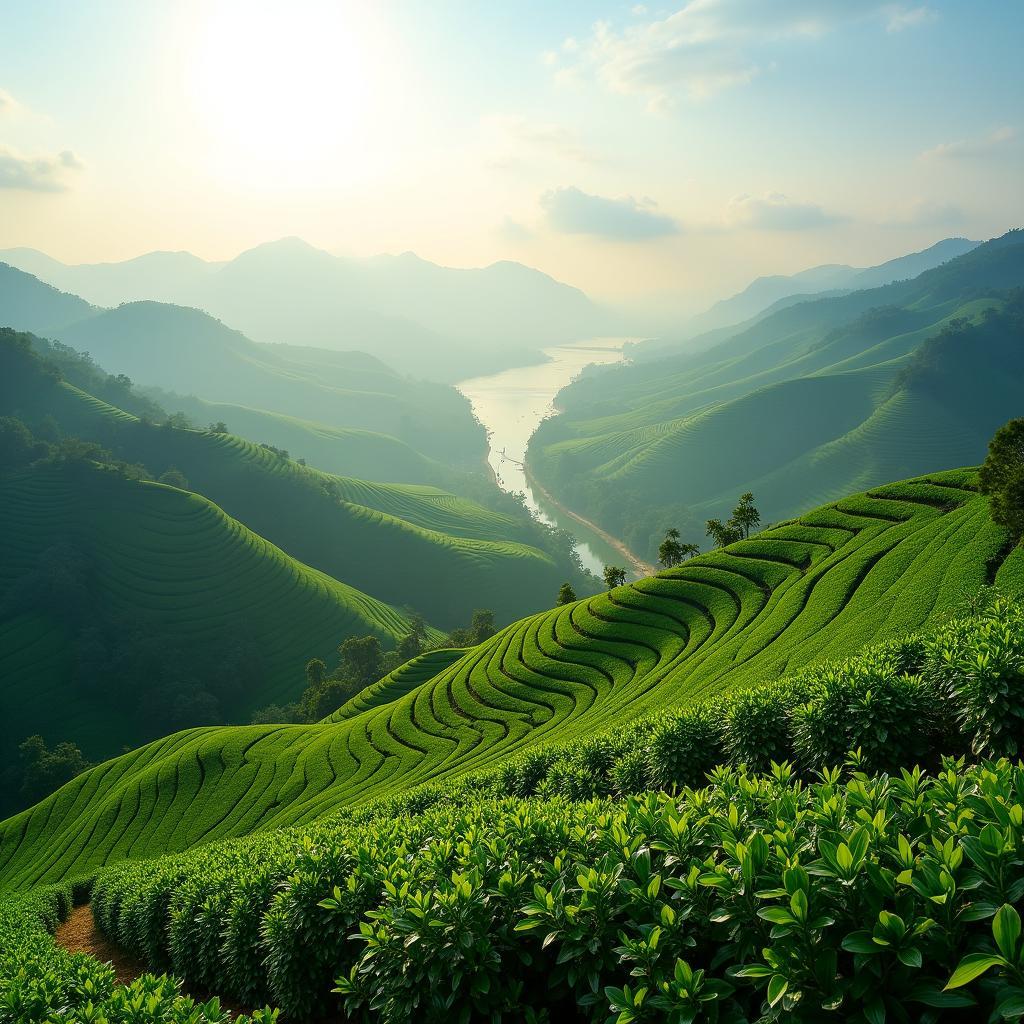 Toàn cảnh đồi chè xanh bát ngát tại Xã Hội Thịnh, huyện Đoan Hùng, tỉnh Phú Thọ vào buổi sáng sớm.