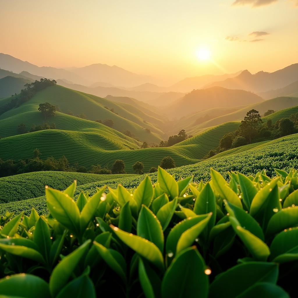 Cảnh quan đồi chè xanh mướt bát ngát vào buổi sớm mai tại xã Lương Sơn, huyện Yên Lập, Phú Thọ.