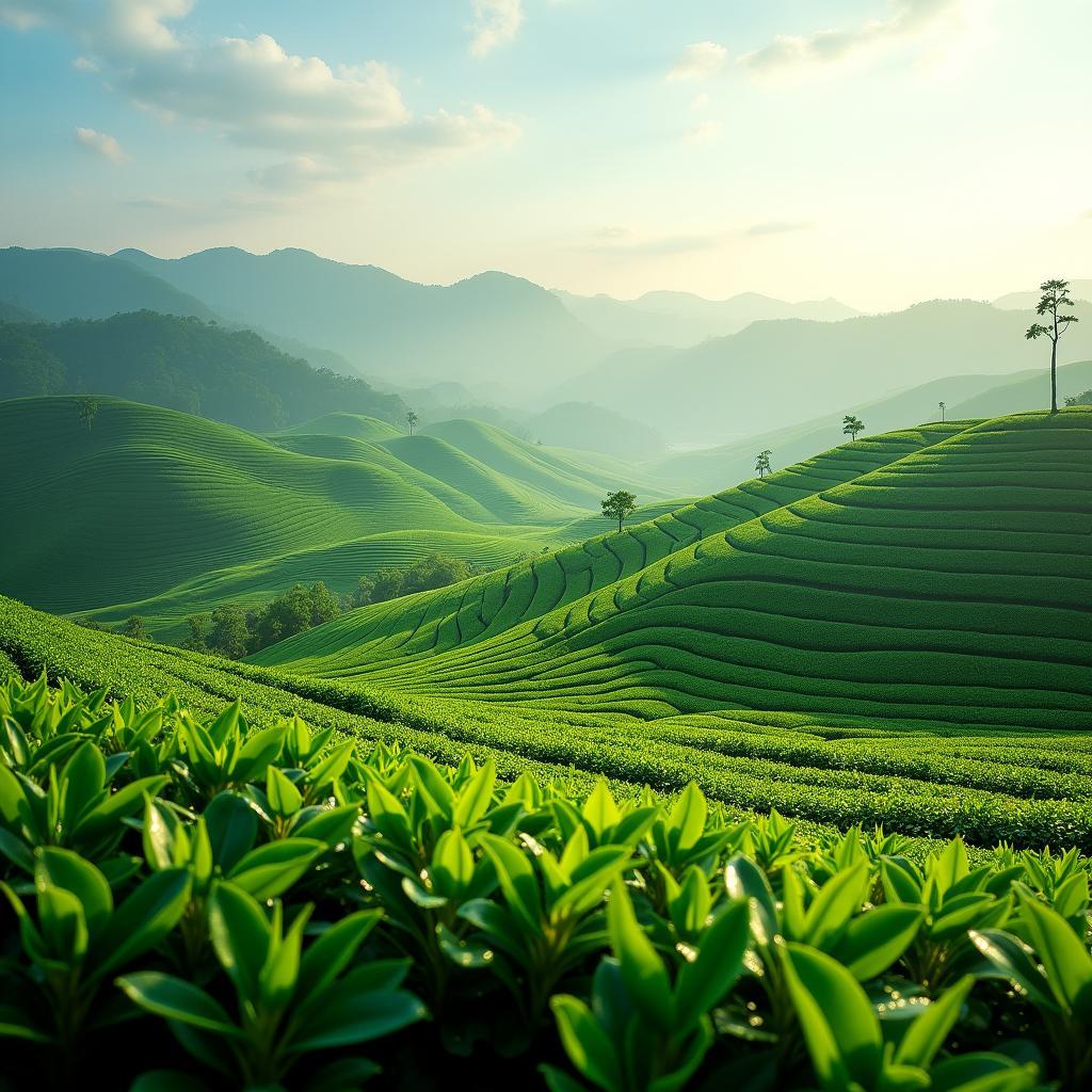 Những đồi chè xanh mướt trải dài uốn lượn tại xã Ngọc Sơn, tỉnh Phú Thọ vào buổi sớm mai.
