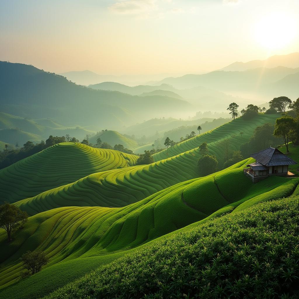 Vẻ đẹp bình yên của những đồi chè xanh mướt và ruộng bậc thang uốn lượn tại xã Thượng Long, Phú Thọ.