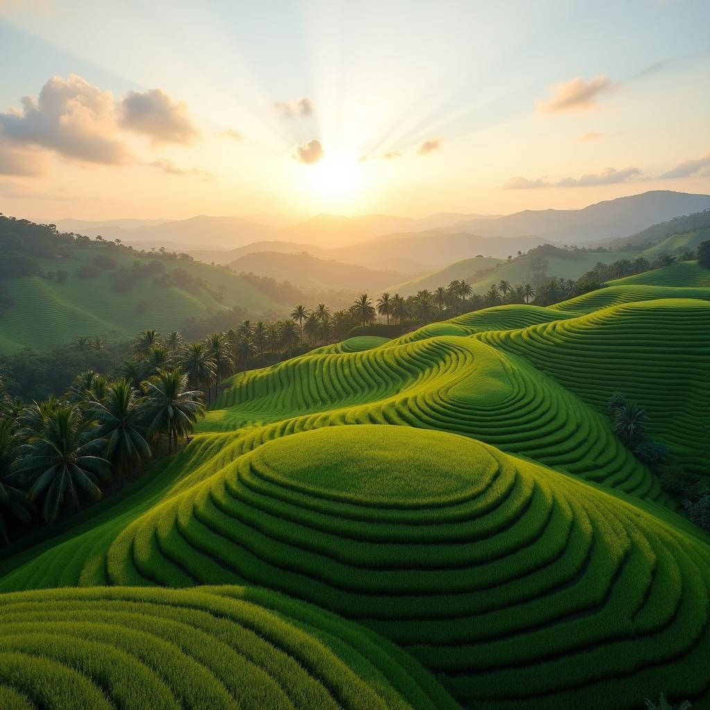 Hình ảnh những đồi cọ xanh mướt trải dài dưới ánh nắng chiều tại xã Thanh Ba, tỉnh Phú Thọ, một biểu tượng của vùng đất trung du Bắc Bộ.