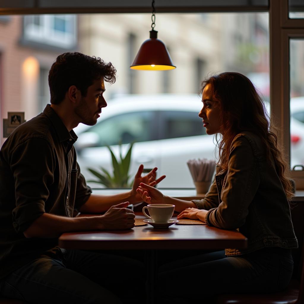 Hai người bạn ngồi đối diện nhau tại một quán cà phê, không khí căng thẳng nhưng cho thấy nỗ lực giải quyết vấn đề khi bạn thân không giữ kín bí mật.