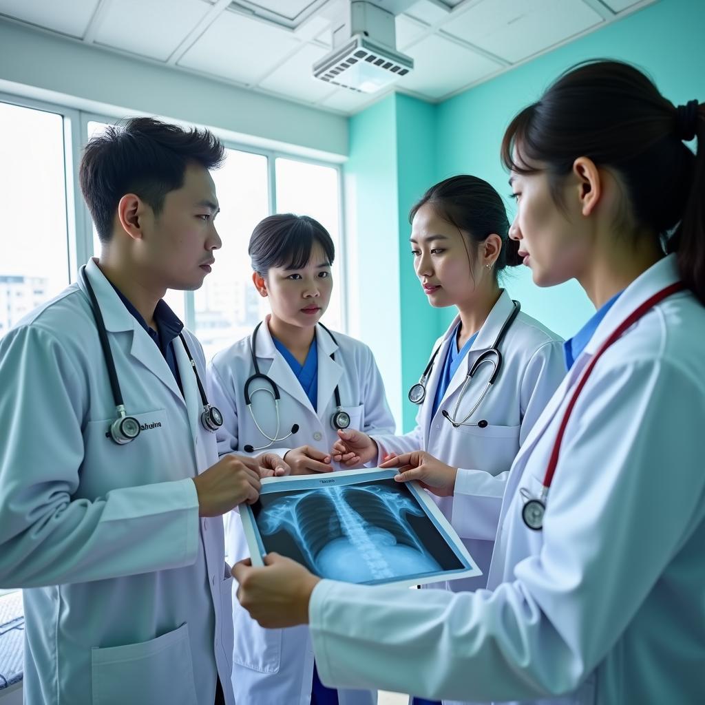 Đội ngũ y bác sĩ chuyên môn cao tại Bệnh viện 108 đang hội chẩn ca bệnh.