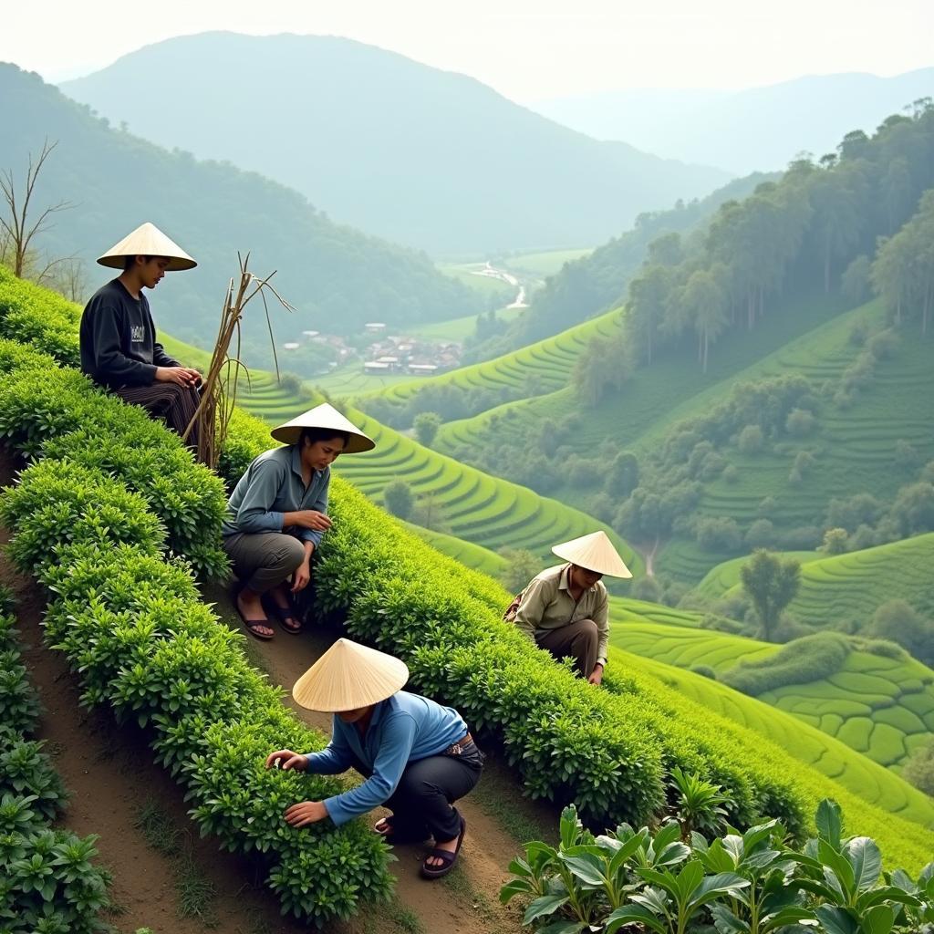 Hình ảnh người dân Xã Thượng Minh, Tỉnh Thái Nguyên đang làm việc trên nương chè hoặc cánh đồng, thể hiện cuộc sống nông thôn