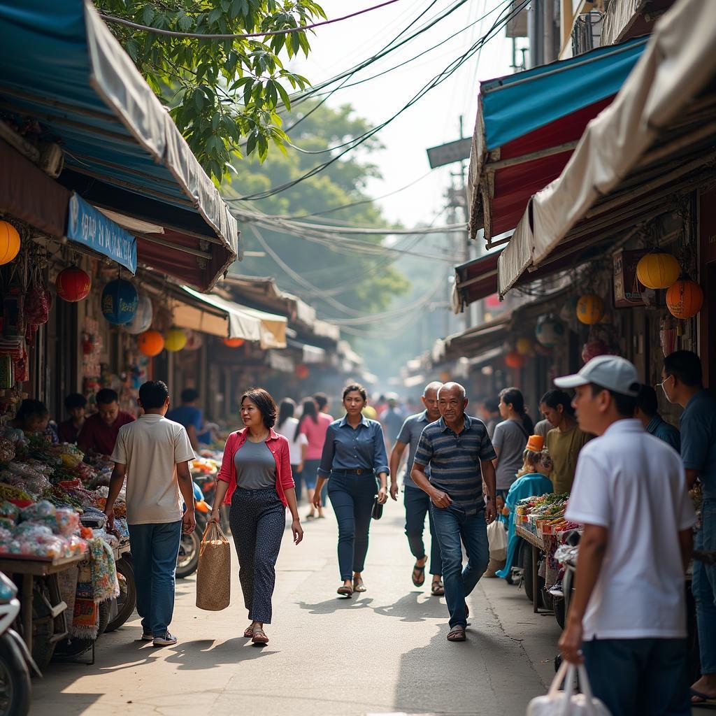 Hoạt động thường ngày nhộn nhịp trên một con phố tại Phường Bà Rịa, Thành phố Bà Rịa, Tỉnh Bà Rịa - Vũng Tàu với người dân đi lại và các cửa hàng mở cửa