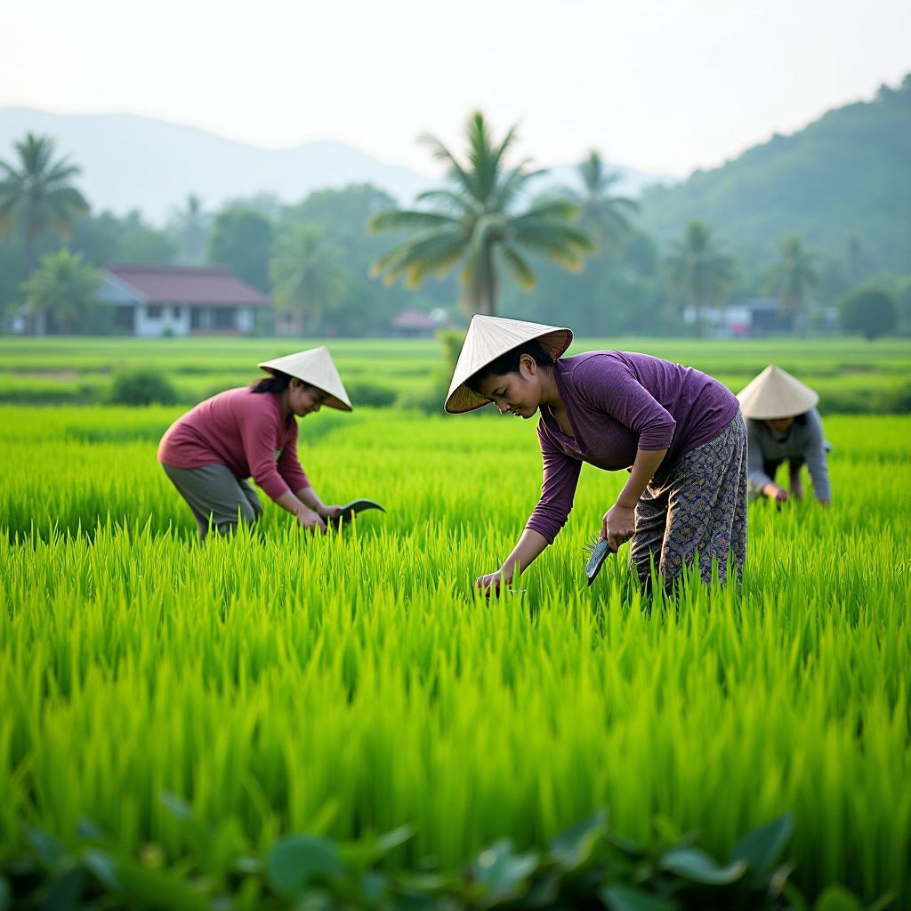 Đời sống nông nghiệp của người dân tại Xã Tân Trịnh, Tỉnh Tuyên Quang với hình ảnh người dân đang làm việc trên cánh đồng lúa xanh tốt.