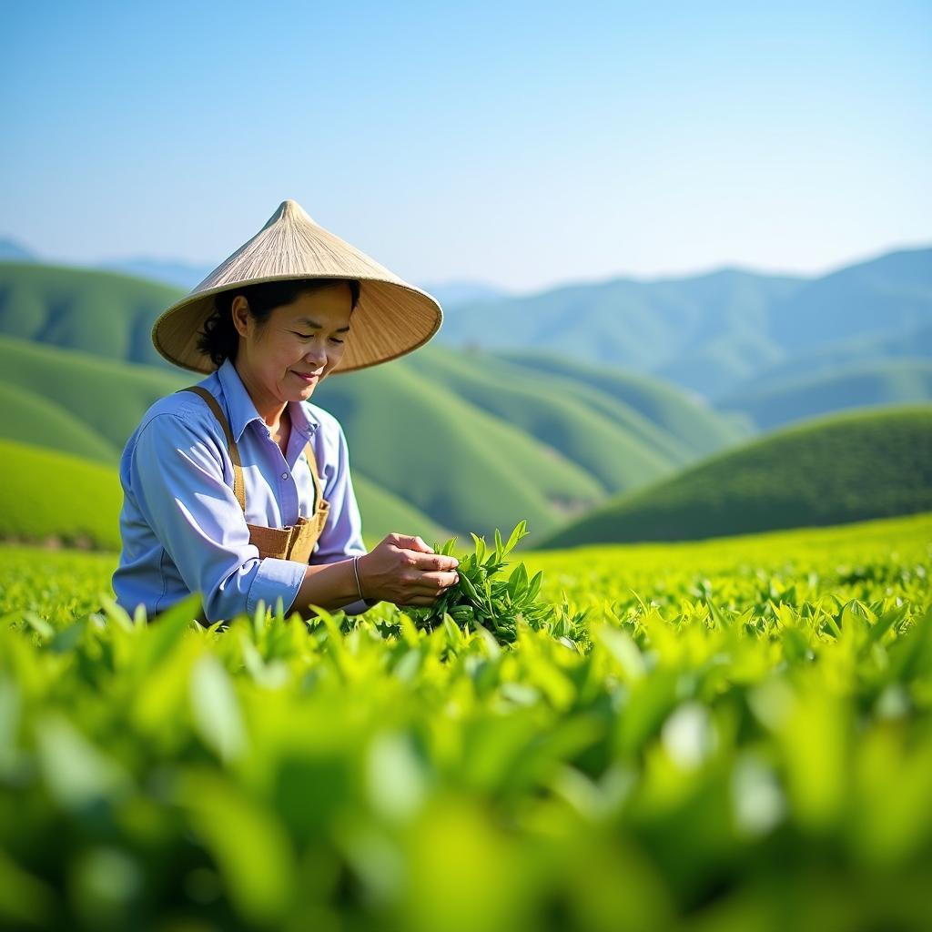Người nông dân xã Thái Hòa, tỉnh Phú Thọ đang thu hoạch chè trên những đồi chè xanh mướt.