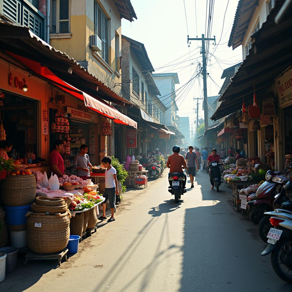 Khung cảnh đời sống thường ngày tại Ấp Tiền Lân, Hóc Môn với các cửa hàng tạp hóa và người dân đi lại.