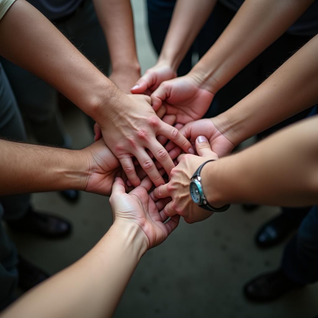 Cận cảnh những đôi tay đan vào nhau chắc chắn để đỡ người tham gia trust fall, thể hiện sự hỗ trợ và trách nhiệm