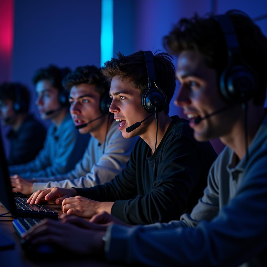 Nhóm game thủ đang tập trung cao độ phối hợp chiến thuật trong một trận đấu e-sports căng thẳng