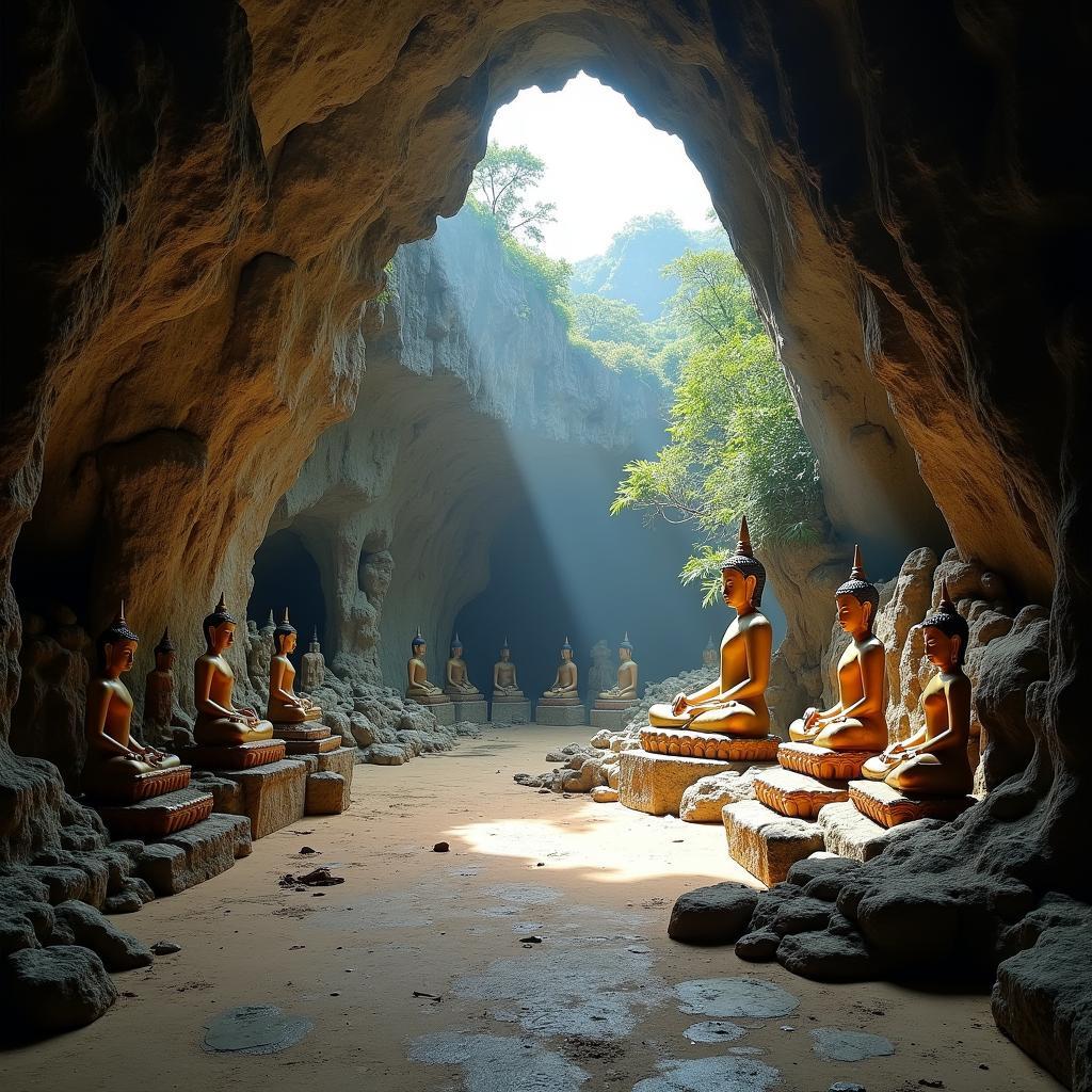 Bên trong động Huyền Không tại Ngũ Hành Sơn với ánh sáng chiếu rọi